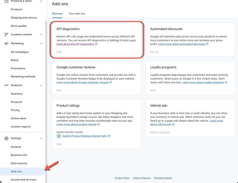 Google Merchant Center Add-ons tab with the API diagnostics card highlighted and the Add-ons item marked in the Settings sidebar.